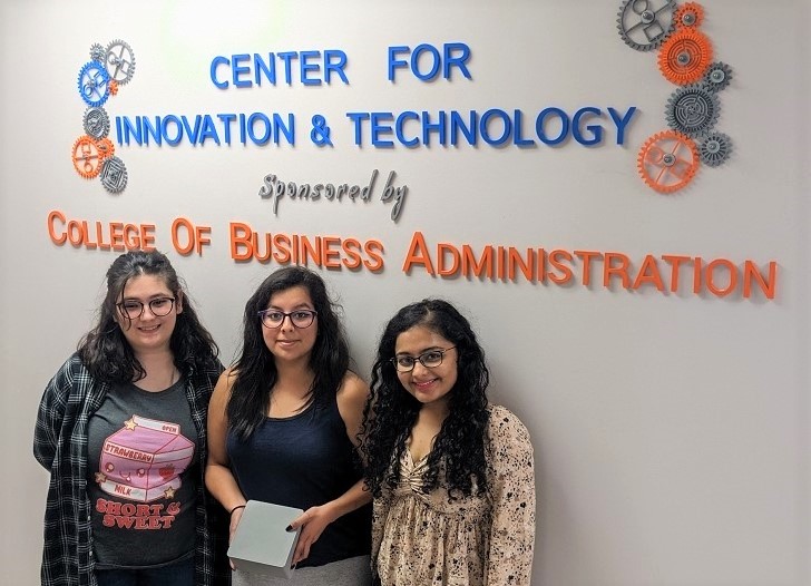 SHSU students Katrina Santos, Kelly Castillo, Khushi Gupta and Jeet Gohil (not pictured) are working on a device to assist people living in medically underserved communities.